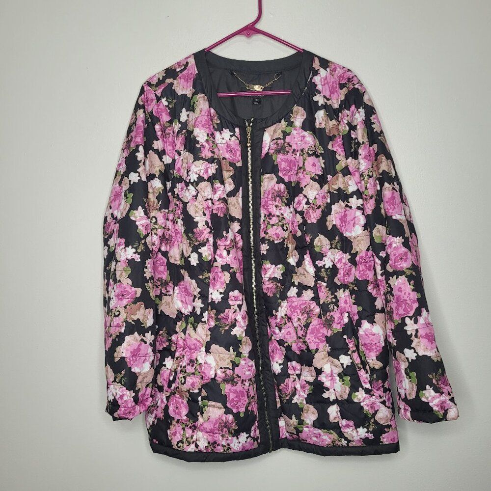 Dennis Basso pink black floral zip front cute classic plus size jacket size 1x